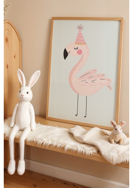 Parti Şapkalı Flamingo - Doğal Ahşap Çerçeveli Çocuk ve Bebek Odası Tablosu