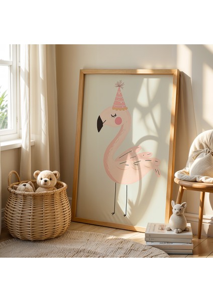 Parti Şapkalı Flamingo - Doğal Ahşap Çerçeveli Çocuk ve Bebek Odası Tablosu fiyatları