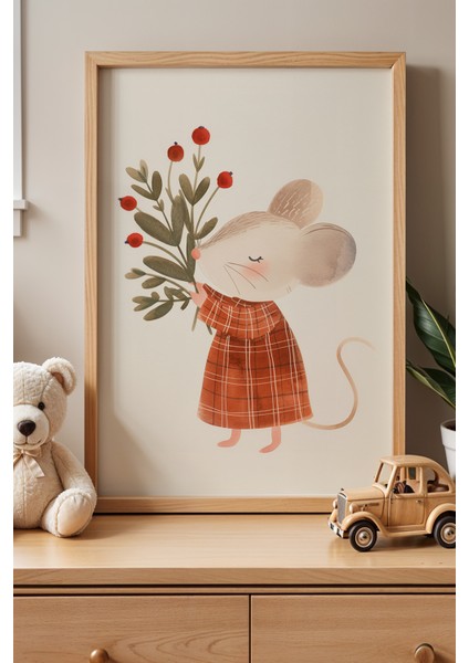 Çiçek Buketi Taşıyan Fare - Doğal Ahşap Çerçeveli Çocuk ve Bebek Odası Tablosu