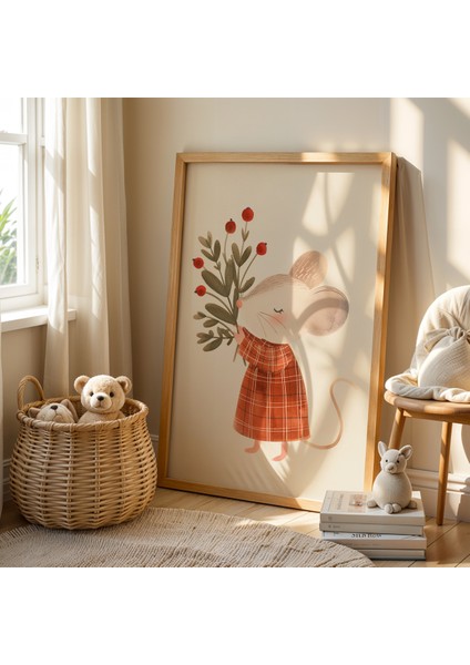Çiçek Buketi Taşıyan Fare - Doğal Ahşap Çerçeveli Çocuk ve Bebek Odası Tablosu fiyatları