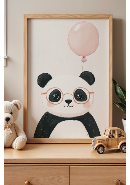 Balonlu Gözlüklü Panda - Doğal Ahşap Çerçeveli Çocuk Odası ve Bebek Odası Tablosu