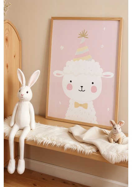 Doğum Günü Şapkası Takmış Sevimli Kuzu - Doğal Ahşap Çerçeveli Çocuk ve Bebek Odası Tablosu