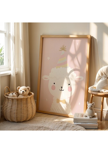 Doğum Günü Şapkası Takmış Sevimli Kuzu - Doğal Ahşap Çerçeveli Çocuk ve Bebek Odası Tablosu fiyatları
