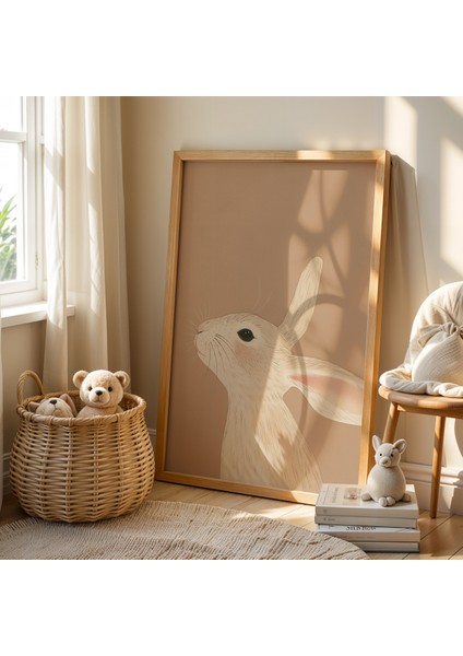 Gökyüzüne Bakan Tavşan - Doğal Ahşap Çerçeveli Çocuk ve Bebek Odası Tablosu fiyatları
