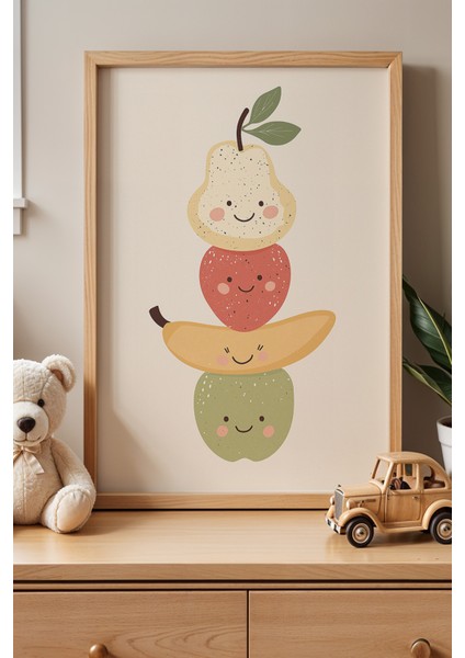 Sevimli Meyve Kulesi - Doğal Ahşap Çerçeveli Çocuk Odası ve Bebek Odası Tablosu