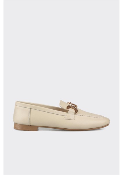 Ekru Deri Kadın Loafer