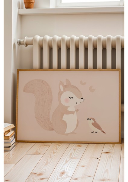 Şirin Sincap ve Dostu - Doğal Ahşap Çerçeveli Çocuk ve Bebek Odası Tablosu