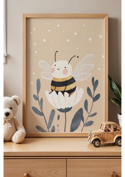 Sevimli Arı ve Çiçekler – Doğal Ahşap Çerçeveli Çocuk Odası Tablosu