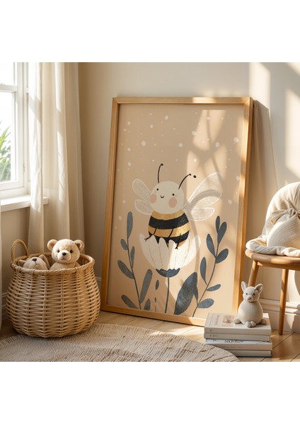Sevimli Arı ve Çiçekler – Doğal Ahşap Çerçeveli Çocuk Odası Tablosu fiyatları