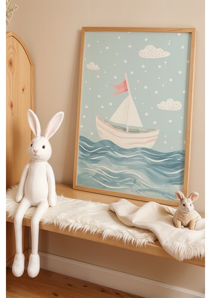 Yüzen Gemi ve Deniz Manzarası Doğal Ahşap Çerçeveli Çocuk ve Bebek Odası Tablosu