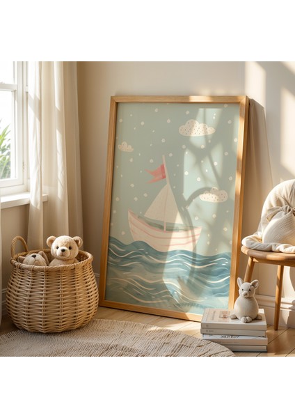 Yüzen Gemi ve Deniz Manzarası Doğal Ahşap Çerçeveli Çocuk ve Bebek Odası Tablosu fiyatları