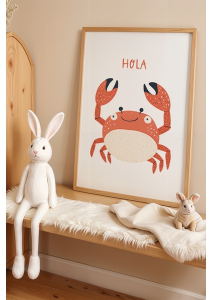 Sevimli Yengeç ve Deniz Dünyası - Doğal Ahşap Çerçeveli Çocuk ve Bebek Odası Tablosu