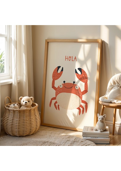 Sevimli Yengeç ve Deniz Dünyası - Doğal Ahşap Çerçeveli Çocuk ve Bebek Odası Tablosu fiyatları