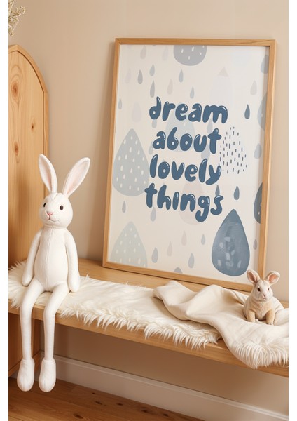 Lovely Things Yazılı Yağmur Temalı - Doğal Ahşap Çerçeveli Çocuk Odası ve Bebek Odası Tablosu