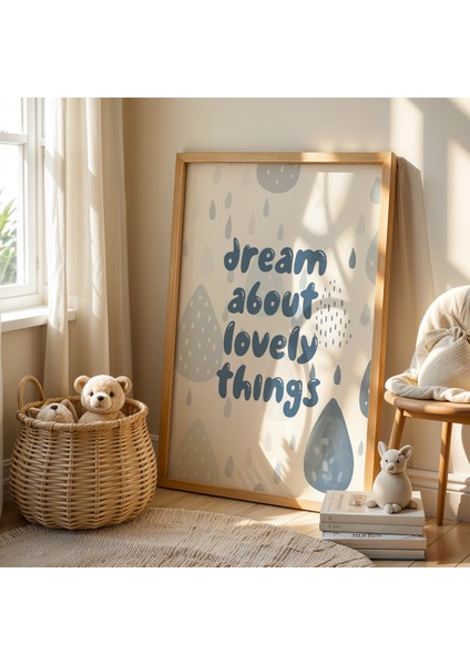 Lovely Things Yazılı Yağmur Temalı - Doğal Ahşap Çerçeveli Çocuk Odası ve Bebek Odası Tablosu fiyatları