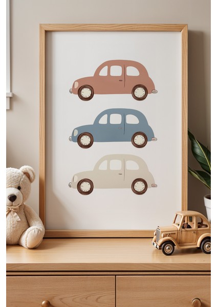 Retro Arabalar Doğal Ahşap Çerçeveli Çocuk Odası Tablosu