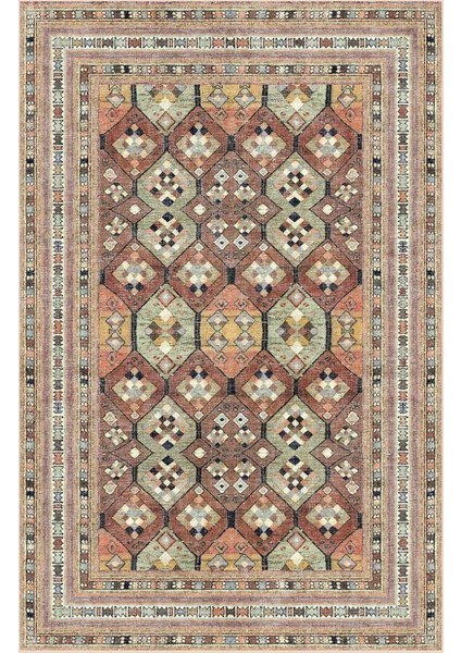 Siesta Vintage 32-547 Etnik Eskitme Desenli Dokuma Tabanlı Yıkanabilir Şönil Salon ve Oda Halısı