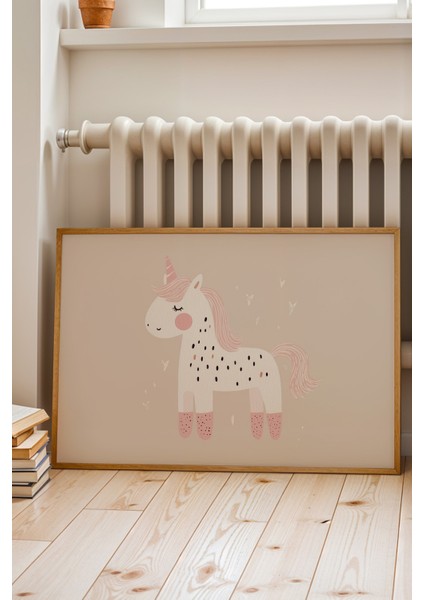 Masalsı Unicorn ve Yıldızlar - Doğal Ahşap Çerçeveli Çocuk ve Bebek Odası Tablosu