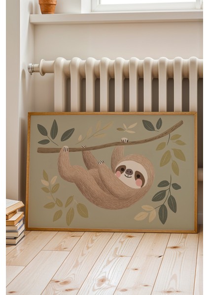 Rakundan Sarılma Doğal Ahşap Çerçeveli Çocuk ve Bebek Odası Tablosu