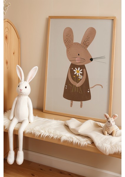 Çiçek Desenli Elbiseli Sevimli Fare - Doğal Ahşap Çerçeveli Çocuk ve Bebek Odası Tablosu