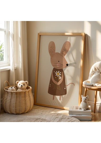 Çiçek Desenli Elbiseli Sevimli Fare - Doğal Ahşap Çerçeveli Çocuk ve Bebek Odası Tablosu fiyatları
