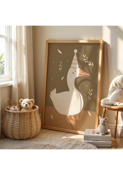 Parti Şapkası Takmış Sevimli Kaz - Doğal Ahşap Çerçeveli Çocuk Odası ve Bebek Odası Tablosu fiyatları
