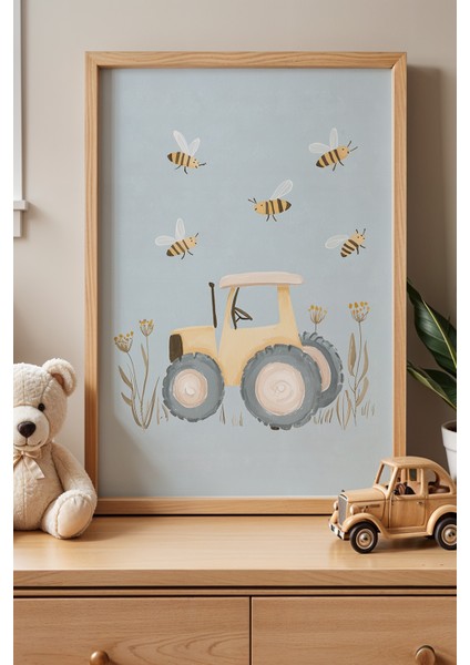 Arılar ve Traktör Doğal Ahşap Çerçeveli Çocuk ve Bebek Odası Tablosu