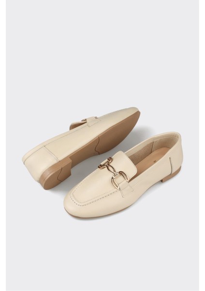 Ekru Deri Kadın Loafer modelleri