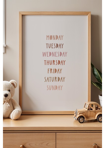 Haftanın Günleri Eğlenceli Yazı - Doğal Ahşap Çerçeveli Çocuk ve Bebek Odası Tablosu