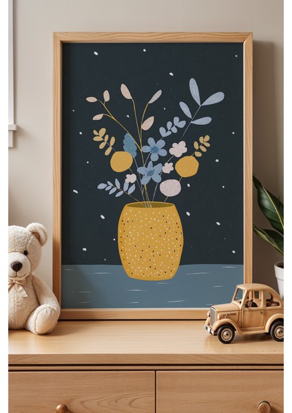 Gece Çiçek Vazosu - Doğal Ahşap Çerçeveli Çocuk Odası ve Bebek Odası Tablosu