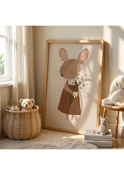 Çiçek Taşıyan Şık Giyimli Fare - Doğal Ahşap Çerçeveli Çocuk ve Bebek Odası Tablosu fiyatları