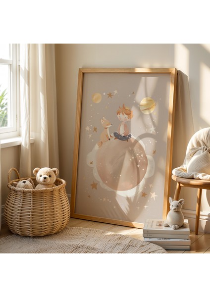 Uzaydaki Sevimli Çocuk Doğal Ahşap Çerçeveli Çocuk ve Bebek Odası Tablosu fiyatları