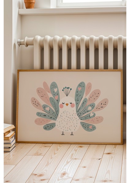 Renkli Tüyleriyle Tavus Kuşu - Doğal Ahşap Çerçeveli Çocuk ve Bebek Odası Tablosu