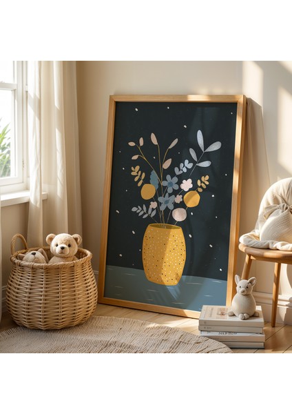 Gece Çiçek Vazosu - Doğal Ahşap Çerçeveli Çocuk Odası ve Bebek Odası Tablosu fiyatları