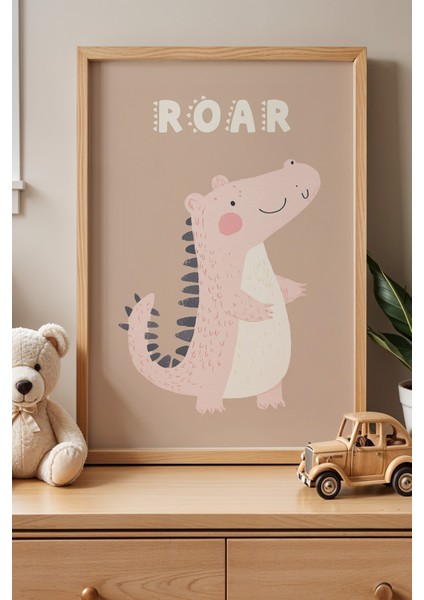 Güçlü Dinozor ‘roar’ - Doğal Ahşap Çerçeveli Çocuk ve Bebek Odası Tablosu