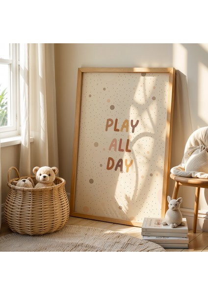 Oynamaya Teşvik Eden 'play All Day' Yazılı - Doğal Ahşap Çerçeveli Çocuk Odası ve Bebek Odası Tablosu fiyatları