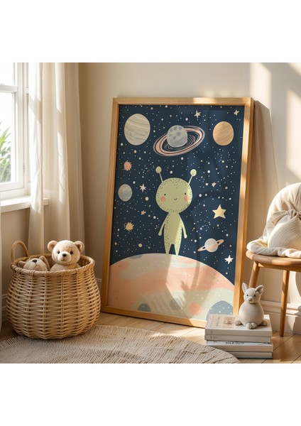 Uzaylı ve Gezegenler Doğal Ahşap Çerçeveli Çocuk ve Bebek Odası Tablosu fiyatları