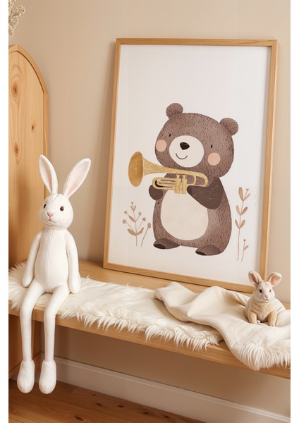 Sevimli Müzik Çalan Ayı – Doğal Ahşap Çerçeveli Çocuk Odası Tablosu