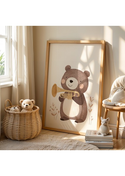 Sevimli Müzik Çalan Ayı – Doğal Ahşap Çerçeveli Çocuk Odası Tablosu fiyatları