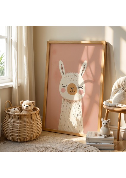 Tatlı Lama ve Pembe Fon – Doğal Ahşap Çerçeveli Çocuk Odası Tablosu fiyatları