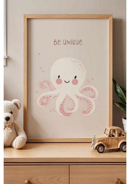 Be Unique' Ahtapot - Doğal Ahşap Çerçeveli Çocuk ve Bebek Odası Tablosu