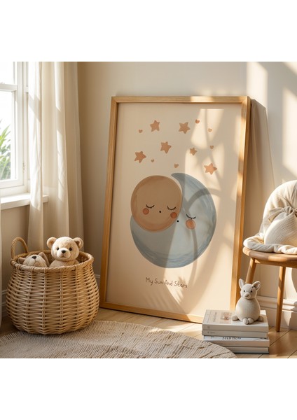 Ay ve Yıldızlar Eşliğinde Uyuyan Bebek - Doğal Ahşap Çerçeveli Çocuk ve Bebek Odası Tablosu fiyatları