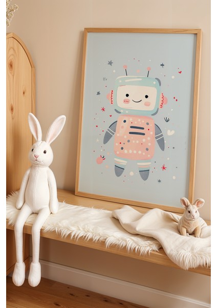 Retro Tarzda Robot Çizimi - Doğal Ahşap Çerçeveli Çocuk Odası ve Bebek Odası Tablosu
