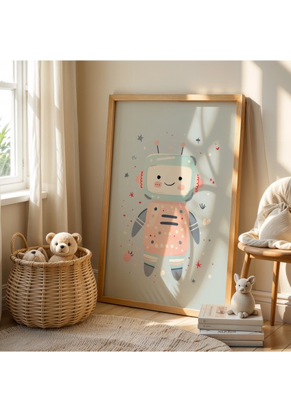 Retro Tarzda Robot Çizimi - Doğal Ahşap Çerçeveli Çocuk Odası ve Bebek Odası Tablosu fiyatları
