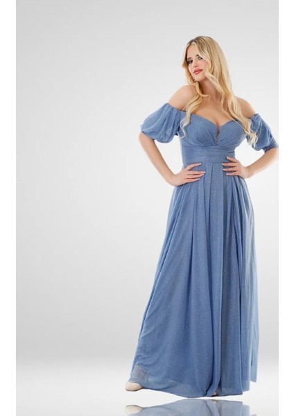 Indigo Maxi Kısa Kol Simli Tül Elbise Özel Gün/ Mezuniyet Elbisesi