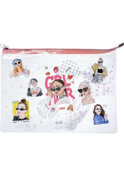Girl Power Simli ve Sulu Fermuarlı Şeffaf A4 Dosya