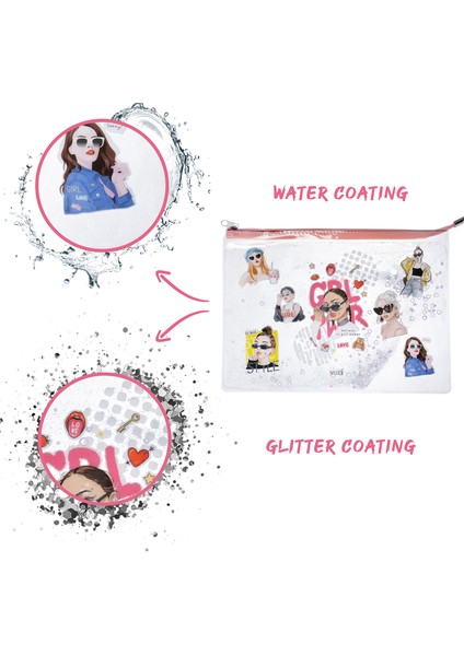 Girl Power Simli ve Sulu Fermuarlı Şeffaf A4 Dosya