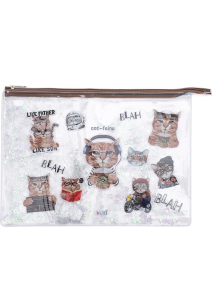 Kedi Simli ve Sulu Fermuarlı Şeffaf A4 Dosya