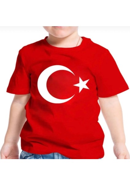 Kırmızı Beyaz Ay Yıldız Bayrak Baskılı Tişört Tshirt Kız Erkek Çocuk