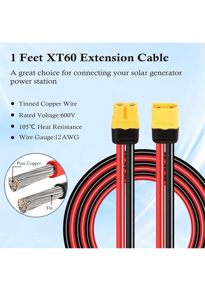 2 Adet XT60 Uzatma Kablosu 12AWG 1ft XT60 To XT60 Kablo ile Erkek Dişi Konnektör Için Güneş Panelı Rc Pil (Yurt Dışından) modelleri
